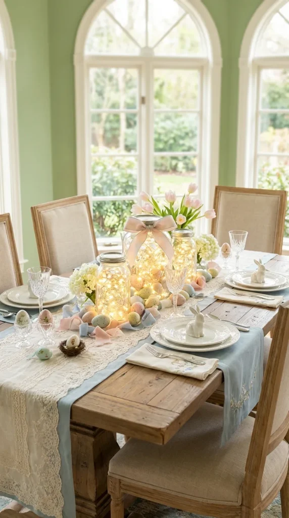 Fairy Light Mason Jar With Small Eggs And Ribbons