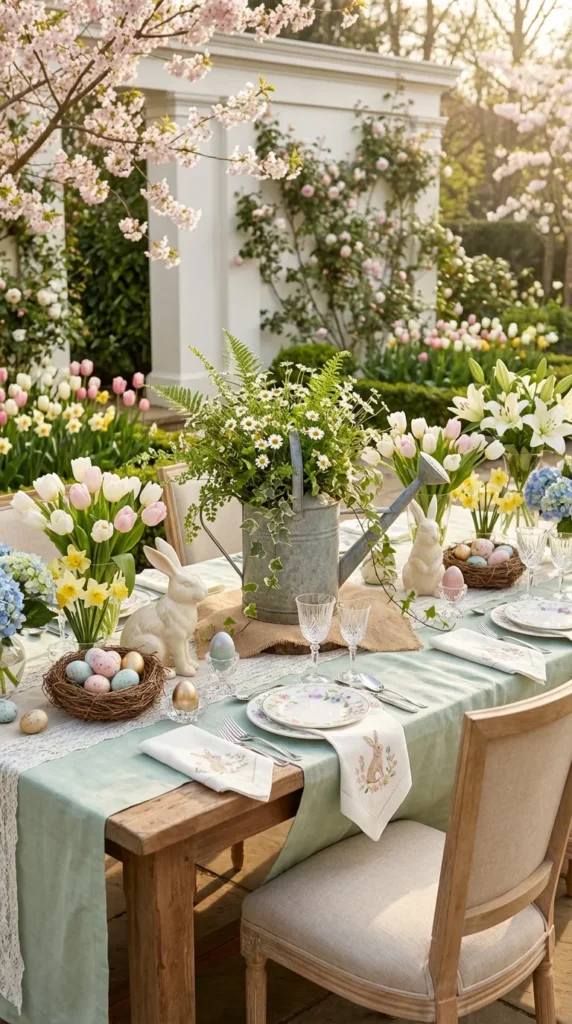 Galvanized Watering Can Filled With Wild Daisies And Greens