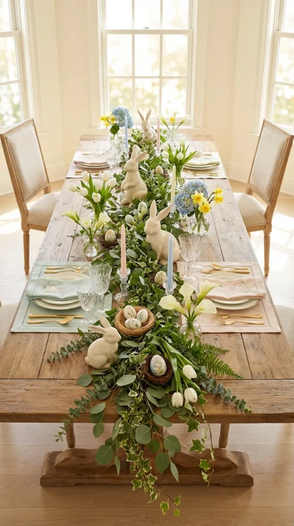 Greenery Table Runner With Bunny Accents