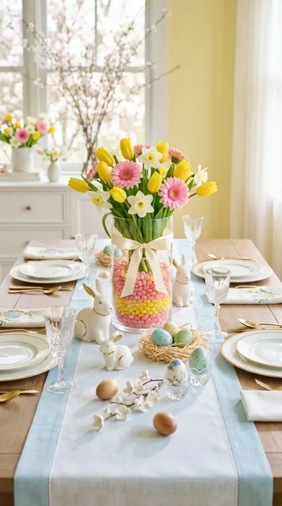 Jellybean Filled Vase With Bright Blooms