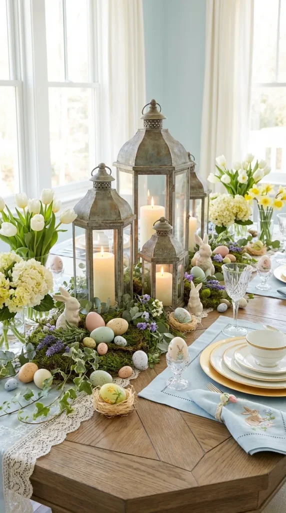 Lantern With Candle, Pastel Eggs, Greenery