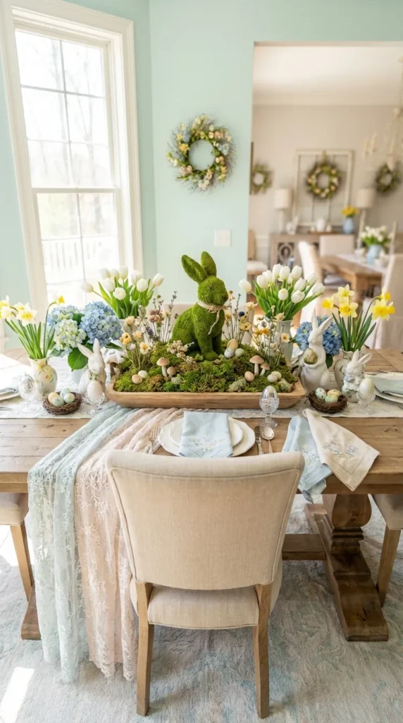 Moss Bunny Meadow Display On A Wood Tray