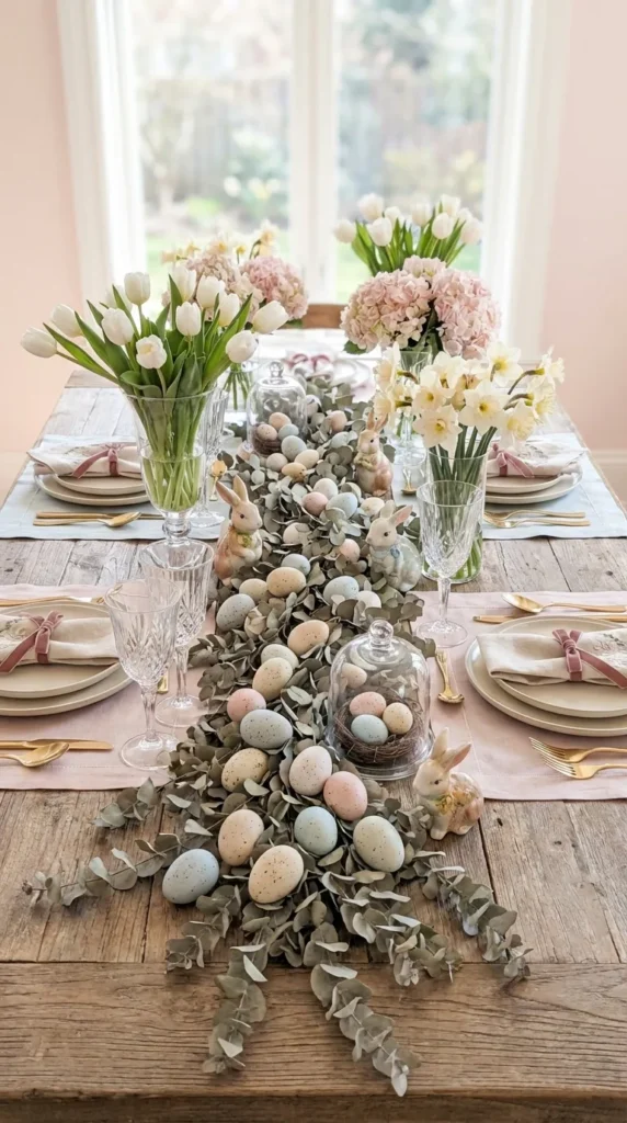 Pastel-Painted Eggs Nestled In Dried Eucalyptus Or Greenery