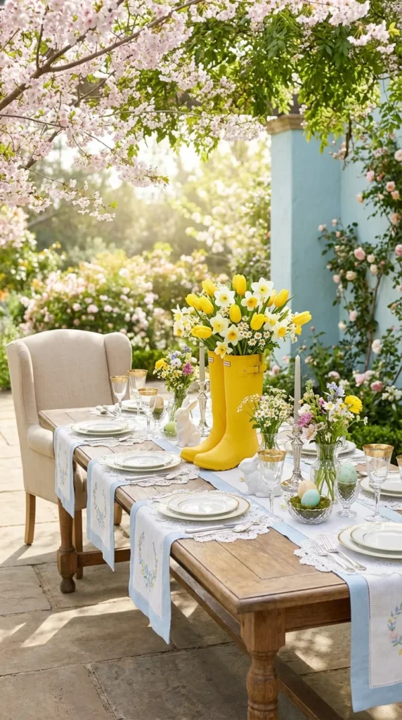 Rain Boot Flower Planter With Spring Blooms
