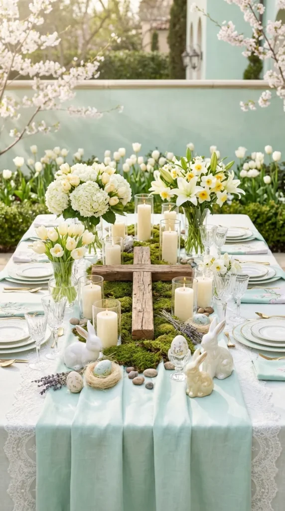 Rustic Cross With Moss And Candles