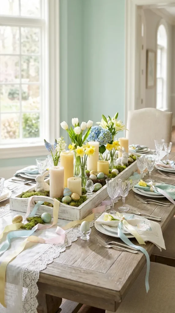 Rustic Wooden Tray With Candles And Blooms
