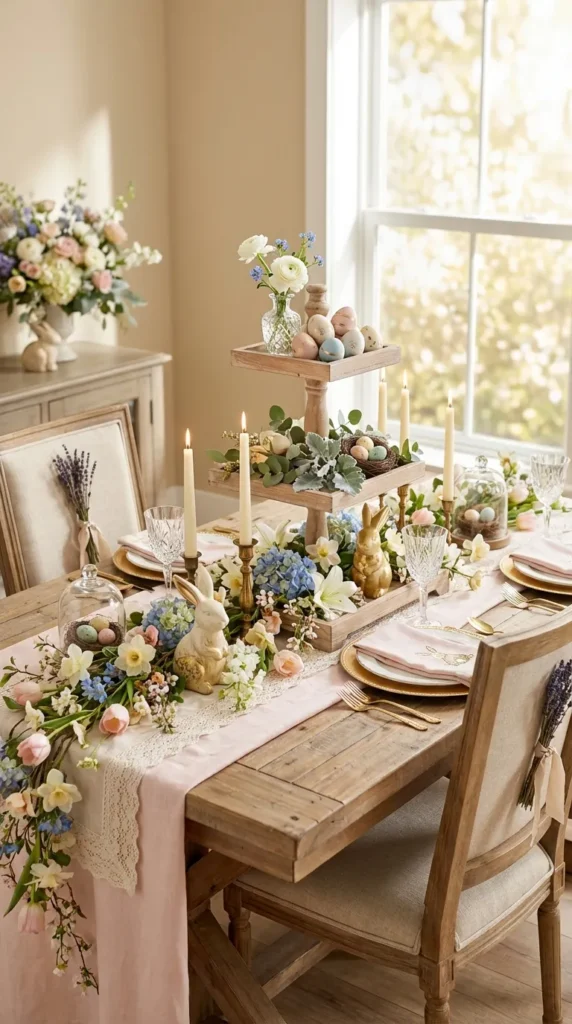 Tiered Wooden Risers With Pastel Eggs And Wildflowers