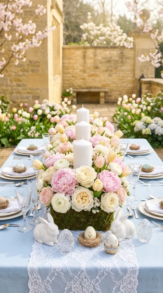 Trio Of White Candles In Flowers