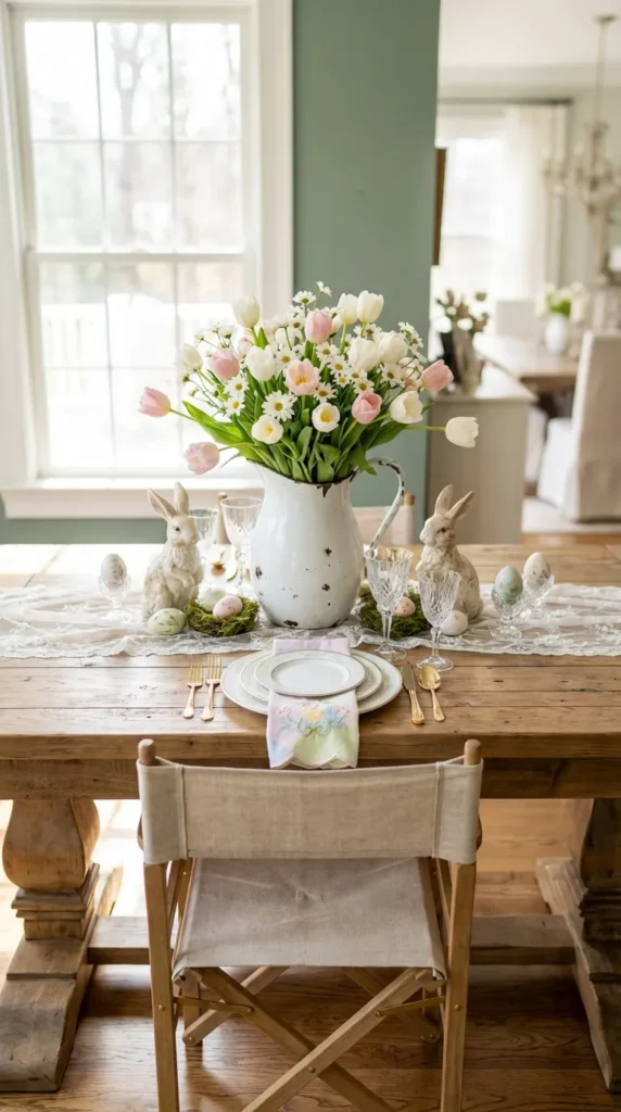 Vintage Farmhouse Pitcher With Fresh Tulips Or Daisies