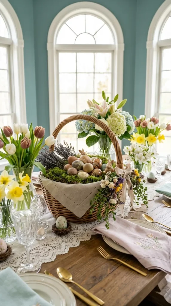 Wicker Basket Filled With Dyed Or Painted Eggs