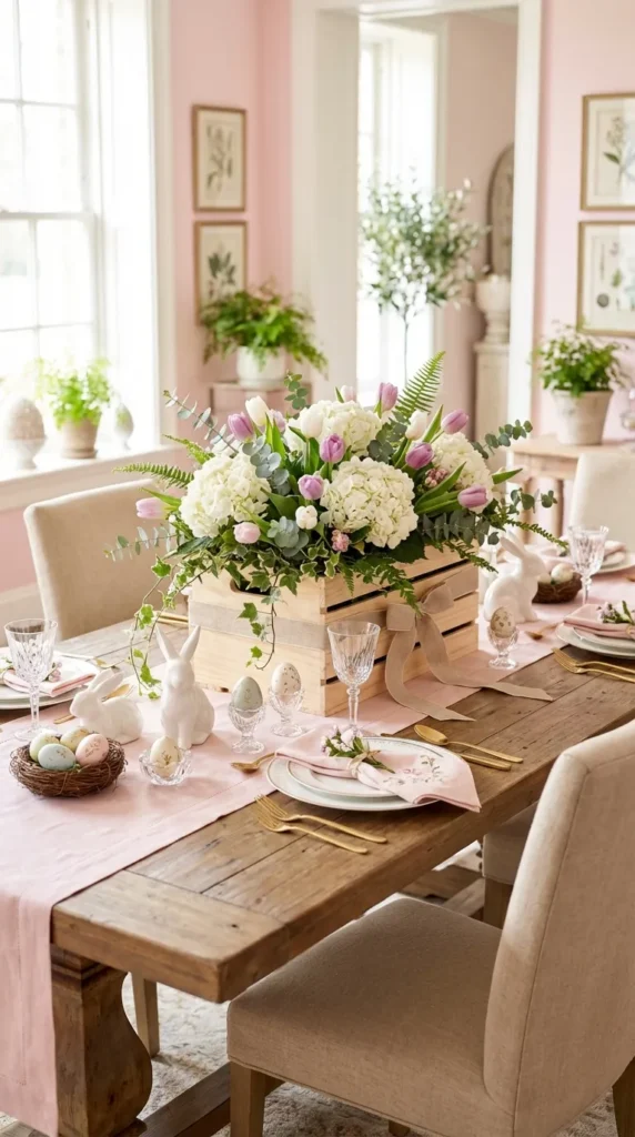 Wood Box With Hydrangeas, Tulips, And Natural Greenery