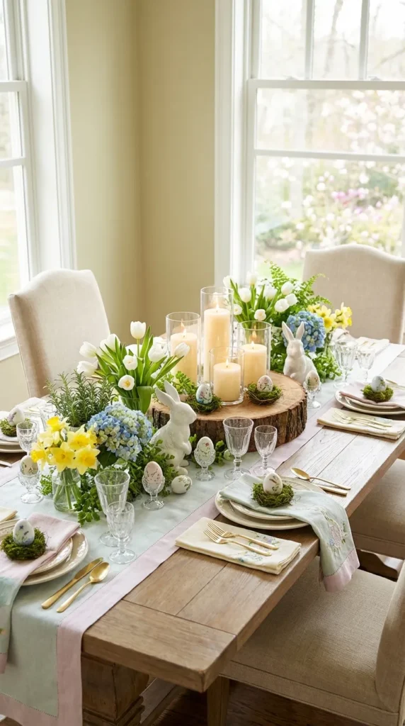 Wood Slice Base With Candles And Florals