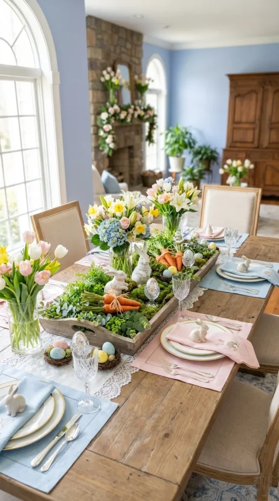 Wooden Tray With Greenery, Faux Carrots, And Small Bunnies