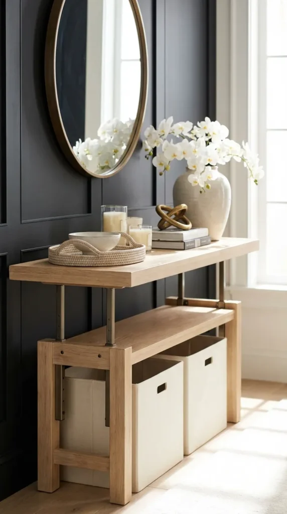 Adjustable Height Console With Storage Bins