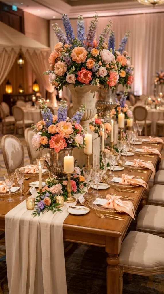 Antique Vase Arrangements with Peonies and Delphiniums