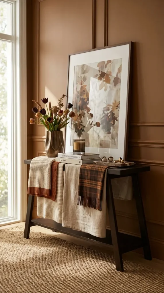 Autumn Whispers Spindle Console With Seasonal Art and Cozy Textiles