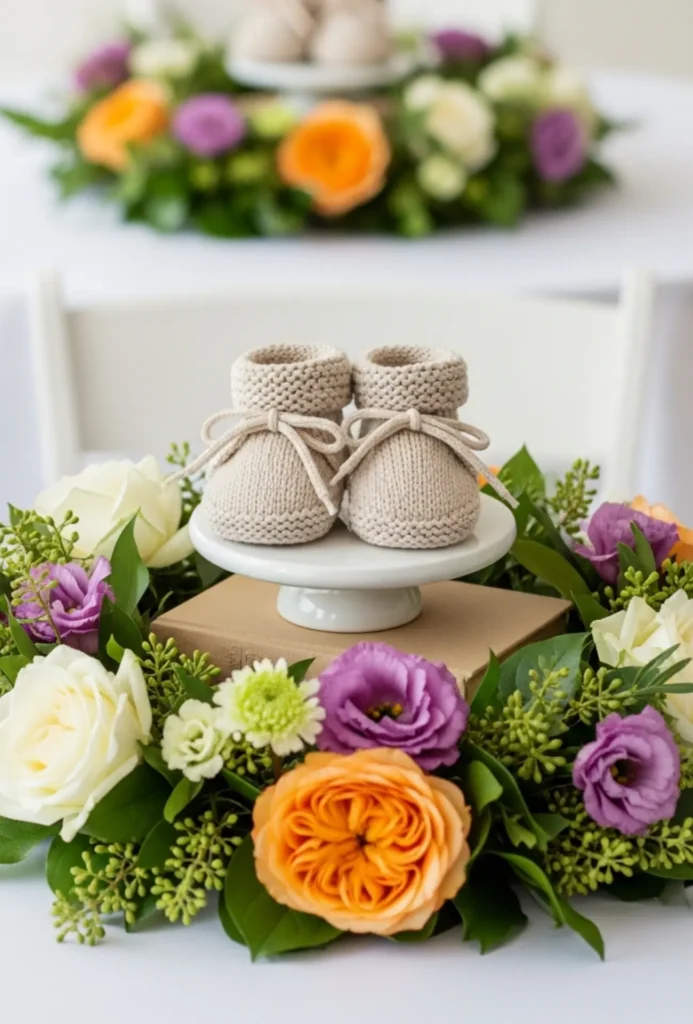 Baby Shoes Display with Fresh Blooms Centerpieces