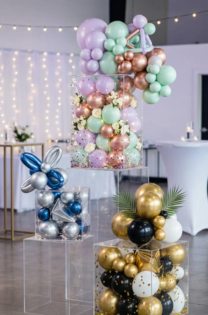 Balloon and Acrylic Box Display Centerpieces