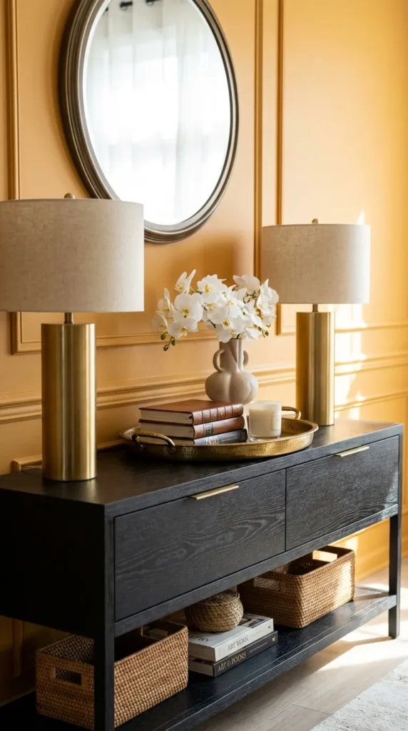 Black Console With Storage And Lamps