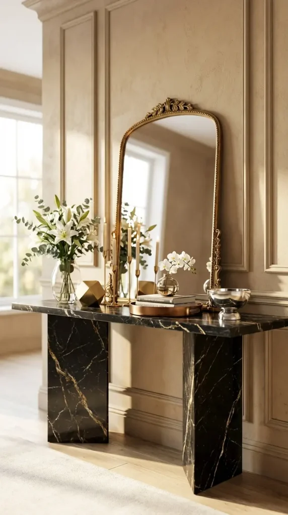 Black Marble Console Styled With Metallic Accents