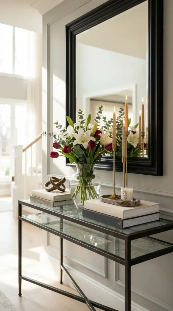 Black Mirror Pine Console With Pine Boughs and Brass Candlesticks