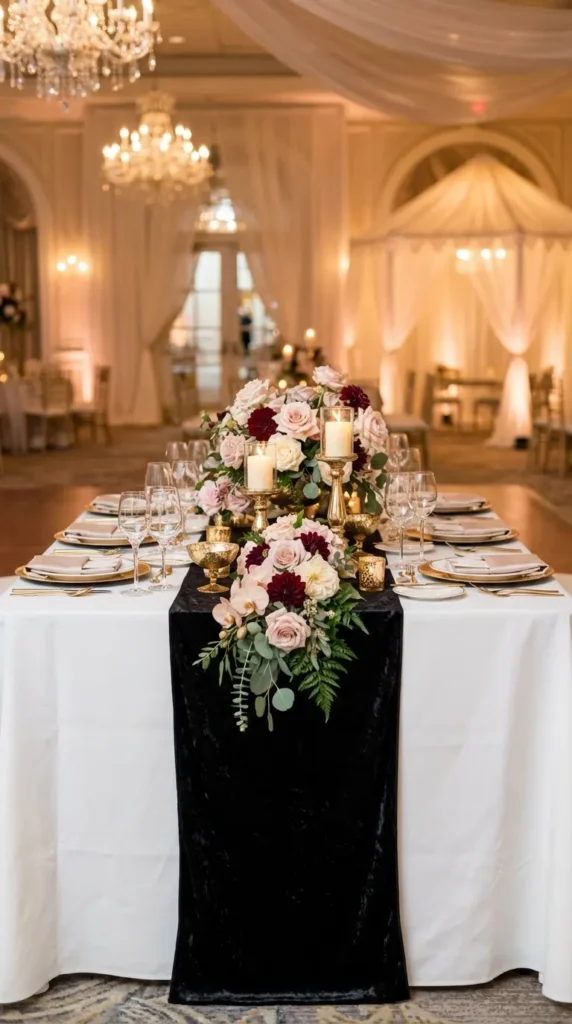 Black Velvet Table Runners on White Cloths