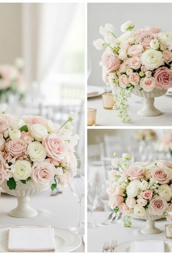 Blush and Ivory Floral Compote Arrangements