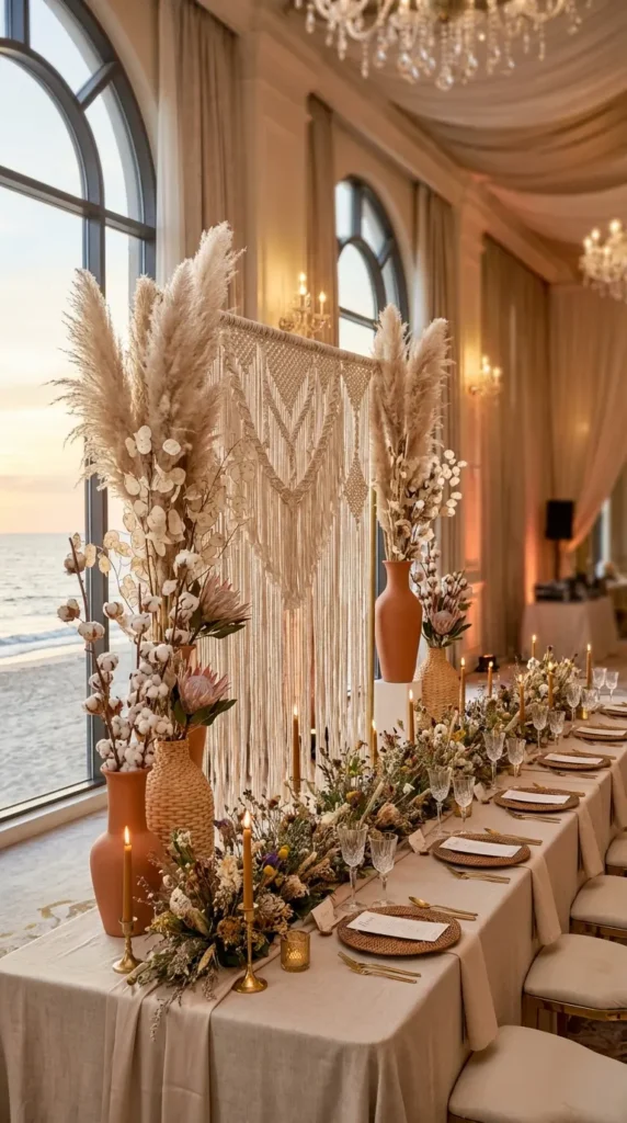 Boho Pampas Grass and Macramé Sweetheart Table Setup