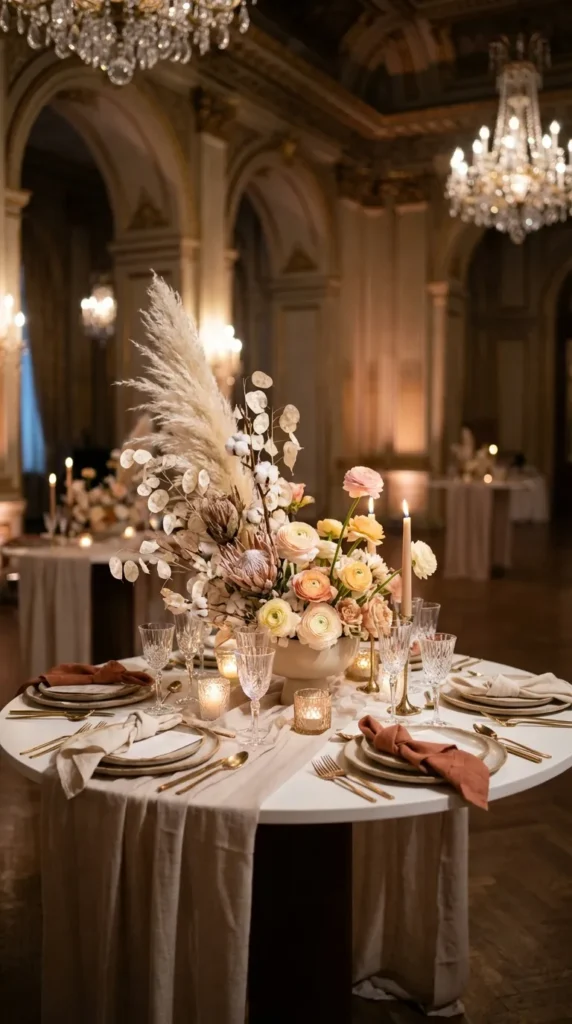 Boho Wedding Tables with Pampas Grass Centerpieces