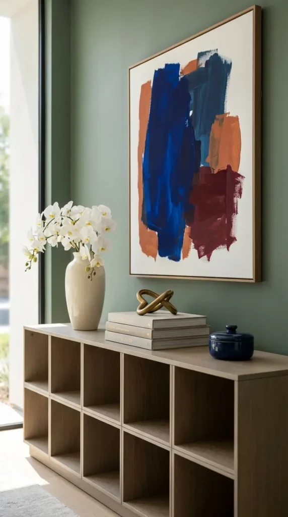 Bold Color Pop Artwork Set Above Neutral Console