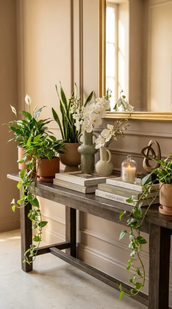 Botanical Console With Plants And Ceramics