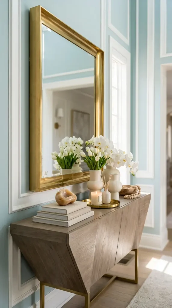 Brass Framed Mirror with Neutral Decorative Accents