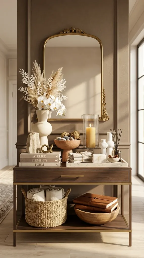 Brass Mirror With Neutral Decor Layers