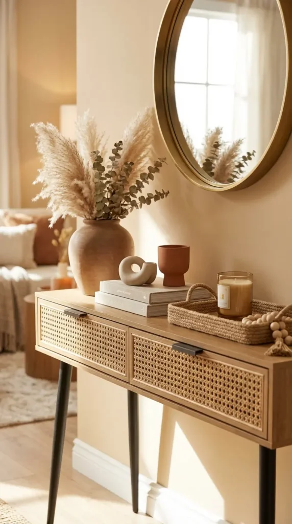 Cane-Front Console Table With Boho Decor