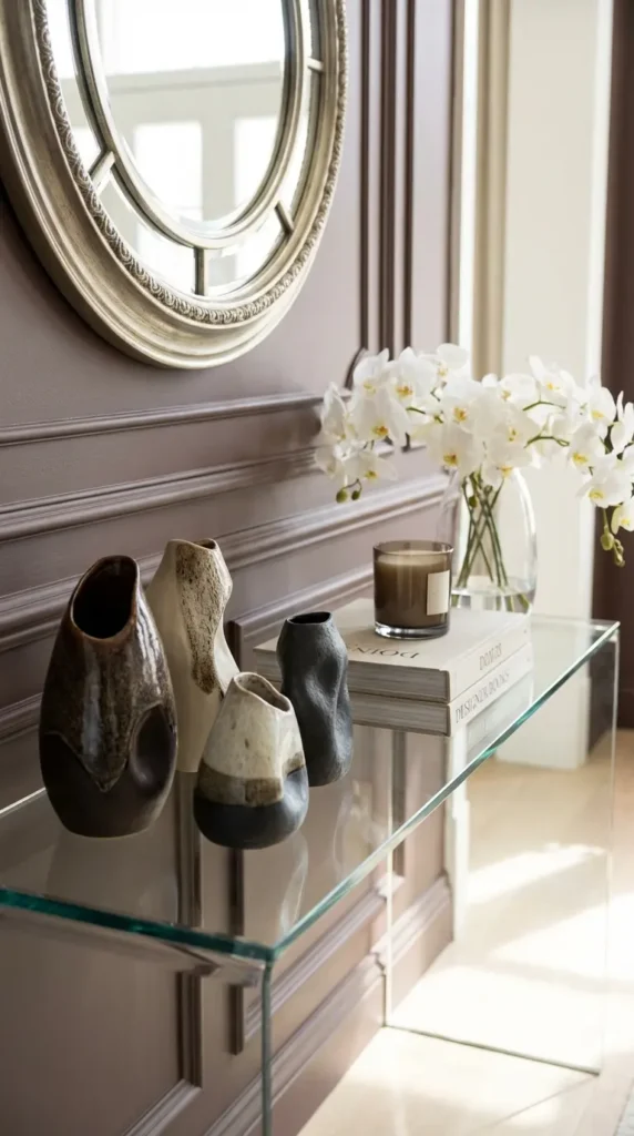 Clear Glass Table With Artful Ceramic Sculptures