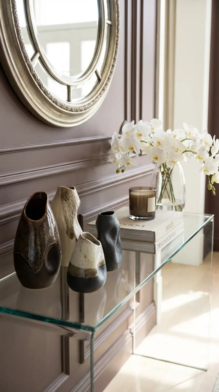 Clear Glass Table With Artful Ceramic Sculptures