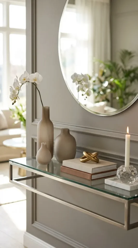 Clear Glass Top With Sleek Metal Frame and Minimal Vases