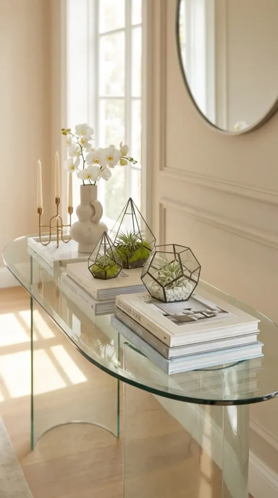 Clear Glass With Decorative Stacked Books and Glass Terrariums
