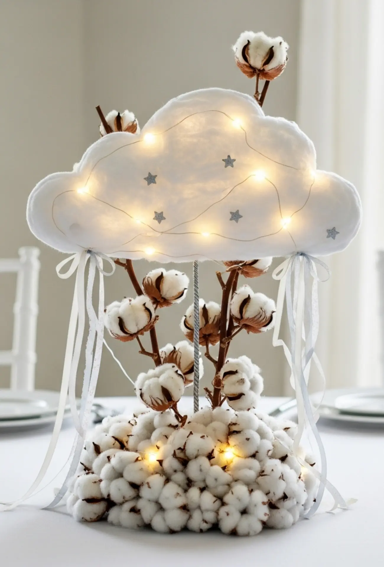 Cloud-Themed Cotton and LED Light Centerpieces