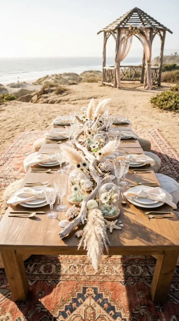 Coastal Boho Tables with Driftwood and Pampas