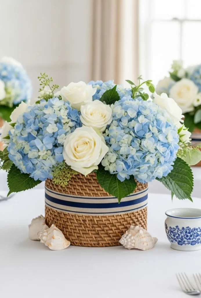 Coastal Grandmother Blue and Rattan Centerpieces