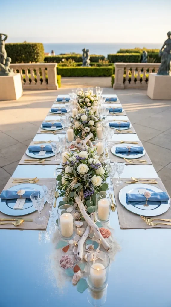 Coastal Wedding Tables with Shell and Sand Elements