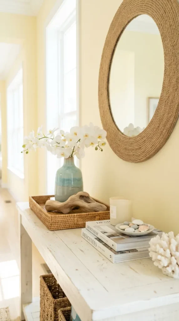 Coastal White Console Decor with Light Natural Textures