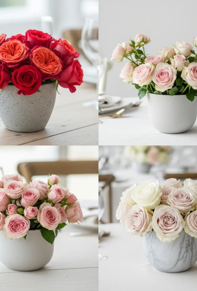 Compact Rose Clusters in Low Stone Vases
