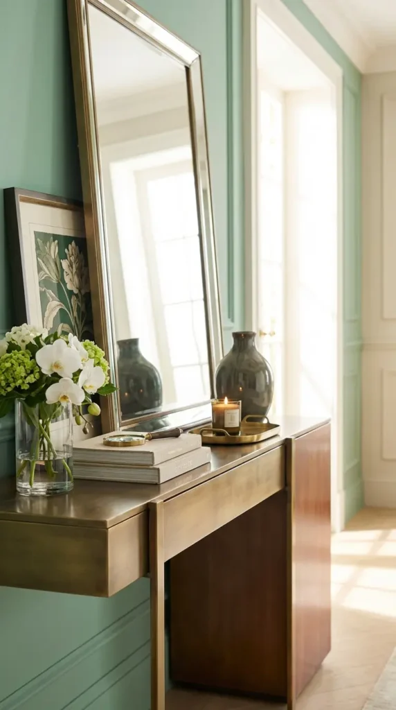Console Styled With Tall Mirror and Botanical Artwork