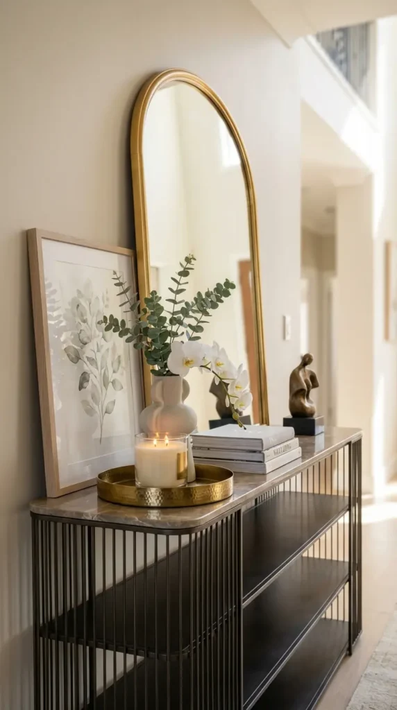 Console Table Beneath Arched Mirror and Soft Art Print