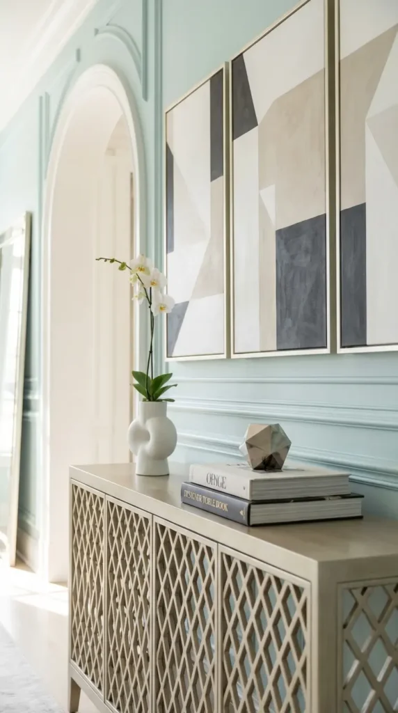 Console With Geometric Art Panels and Minimal Decor