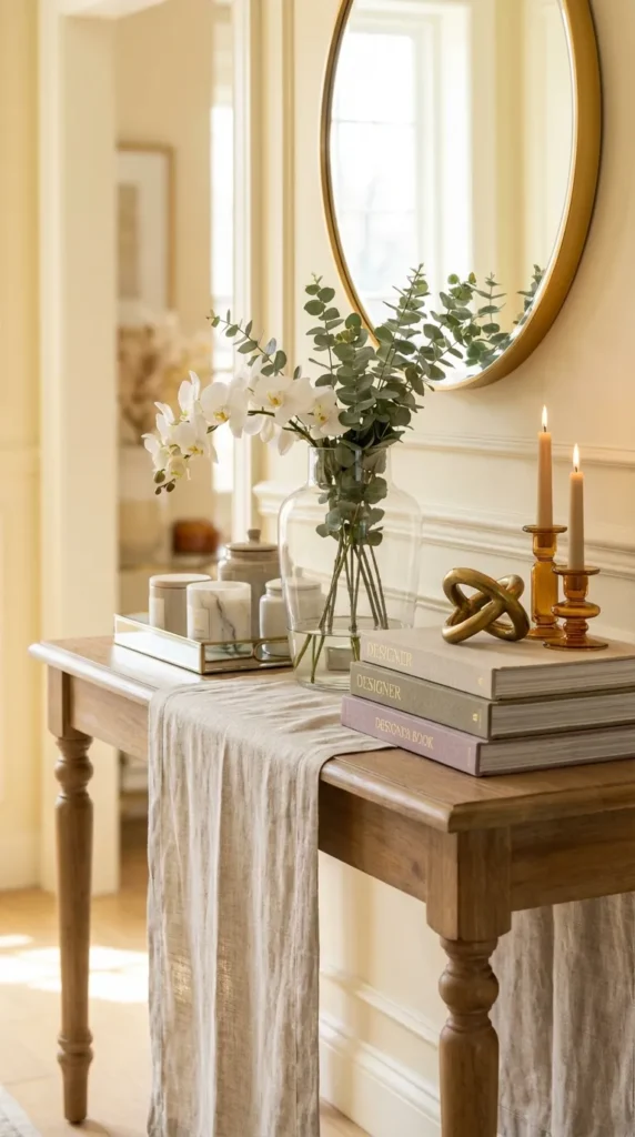 Console With Layered Textures Wood Glass Fabric