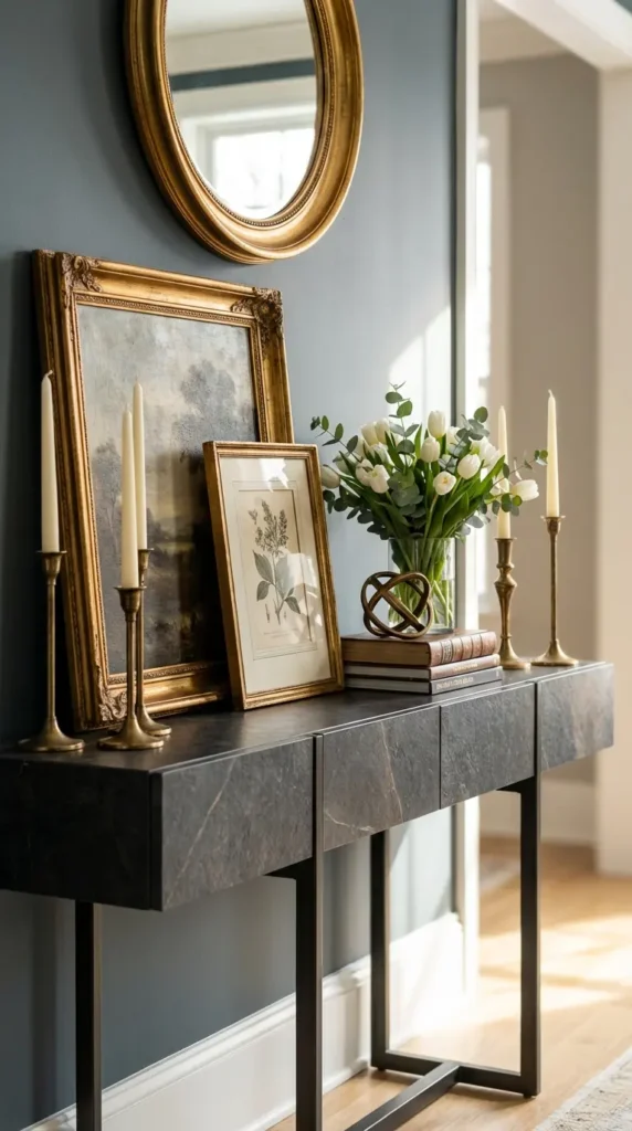 Console With Leaning Vintage Art and Candlesticks