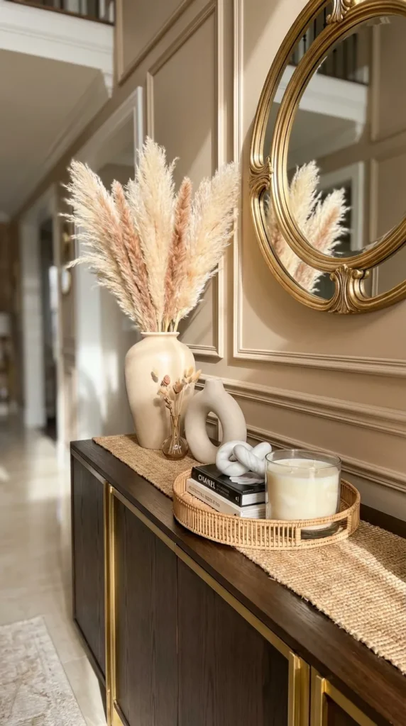 Console With Pampas Grass And Woven Decor